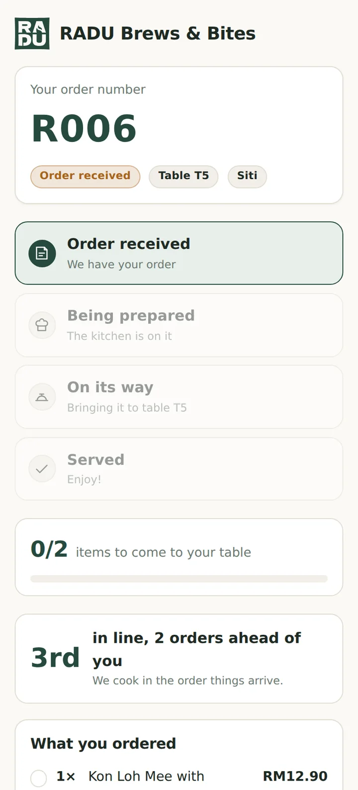 Order tracking on a guest's phone